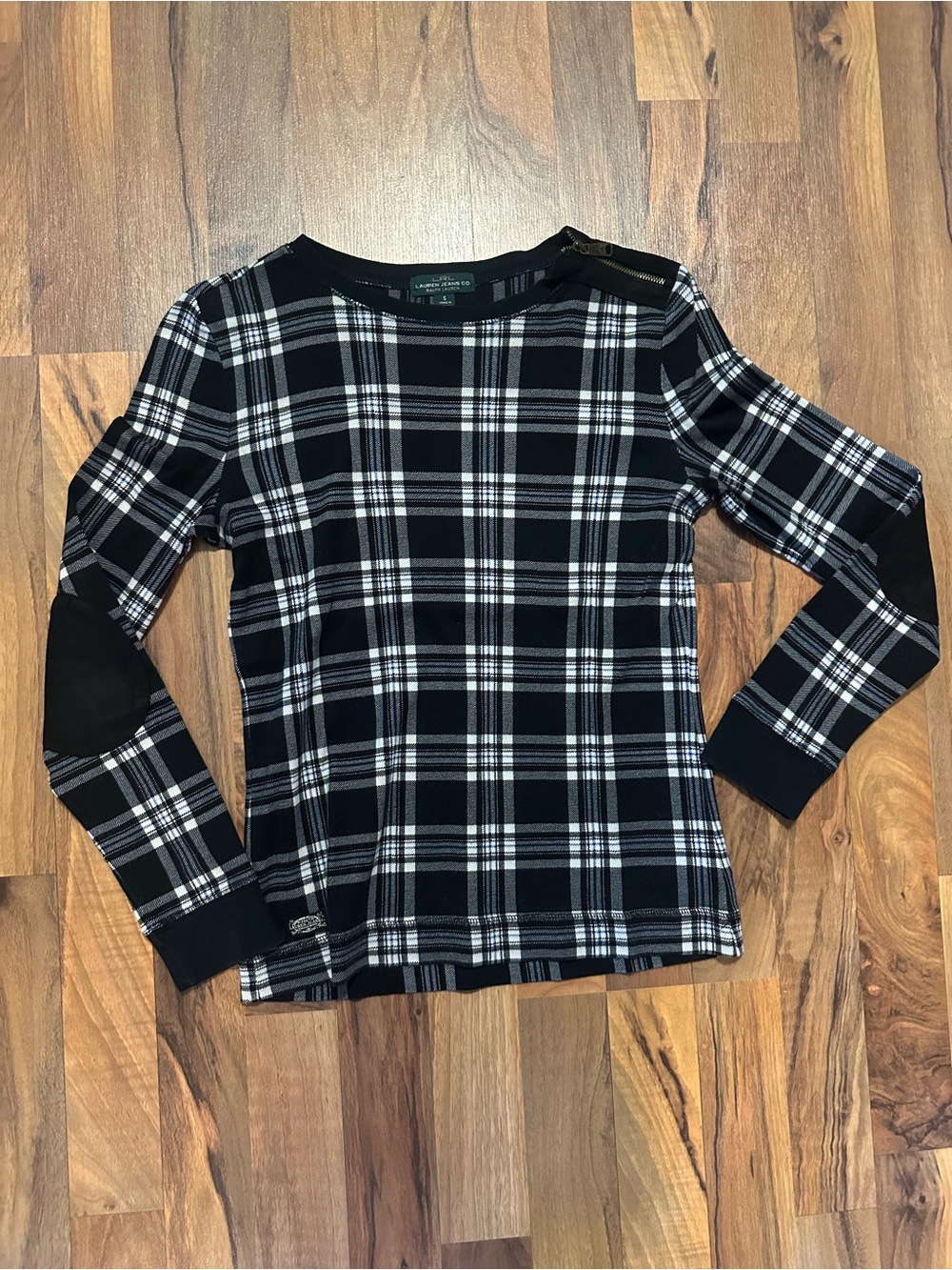Lauren Ralph Lauren Black and White Plaid Crewneck Sweater with Elbow Patches